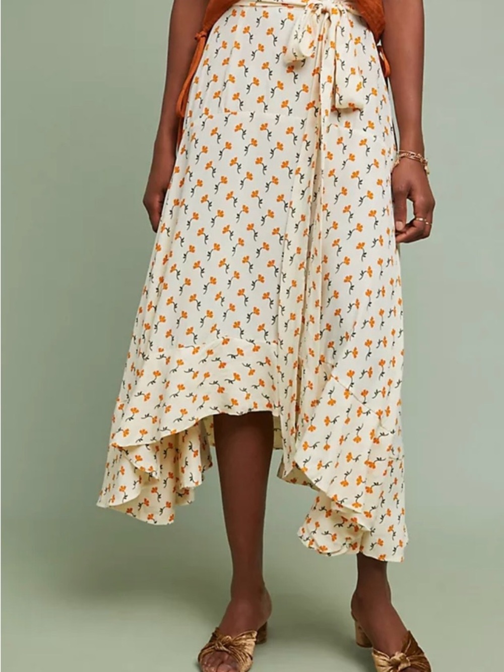 Faithfull the Brand White Orange Marje Floral Print Kamares High-Belted Skirt
